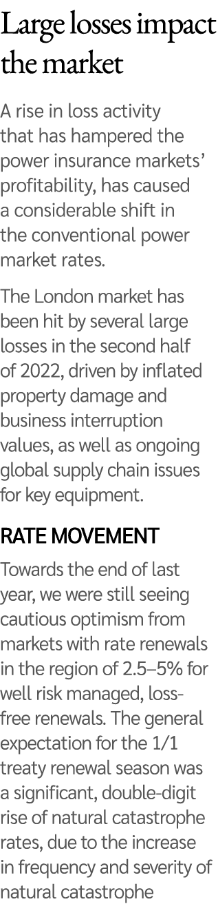 Large losses impact the market A rise in loss activity that has hampered the power insurance markets’ profitability, ...