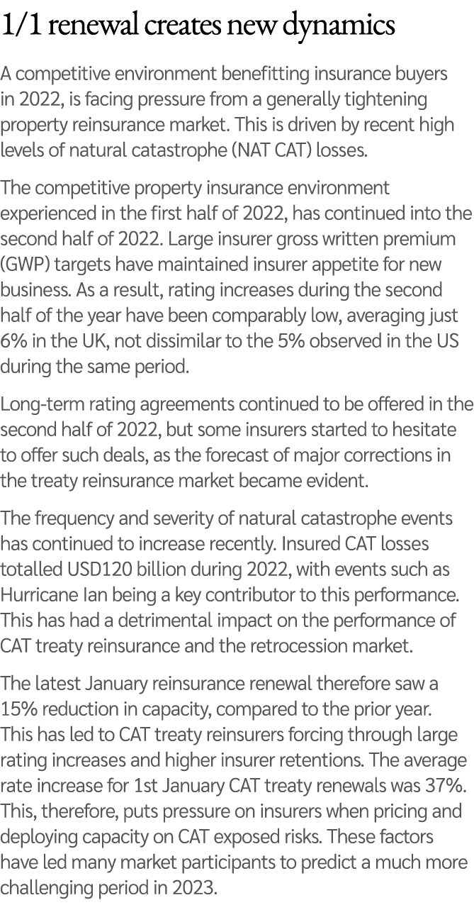 1/1 renewal creates new dynamics A competitive environment benefitting insurance buyers in 2022, is facing pressure f...