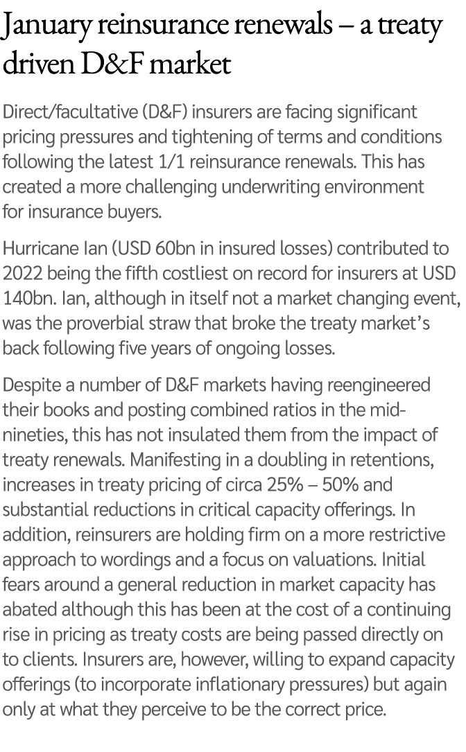 January reinsurance renewals – a treaty driven D&F market Direct/facultative (D&F) insurers are facing significant pr...
