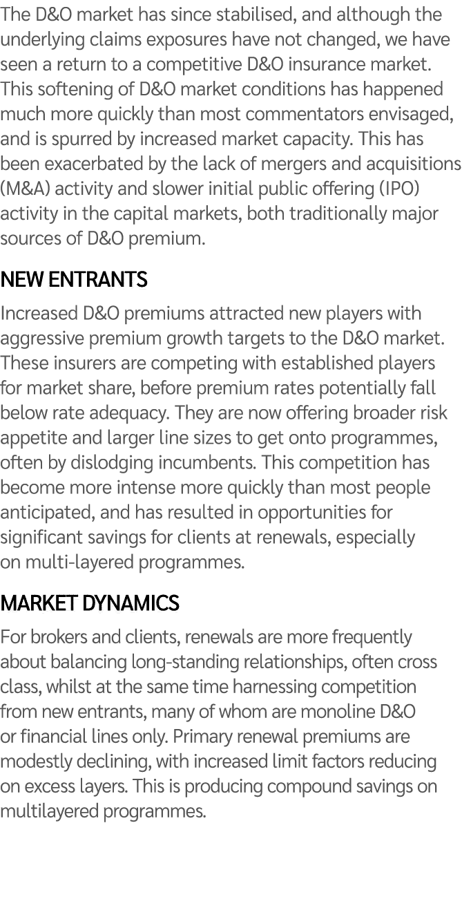 The D&O market has since stabilised, and although the underlying claims exposures have not changed, we have seen a re...