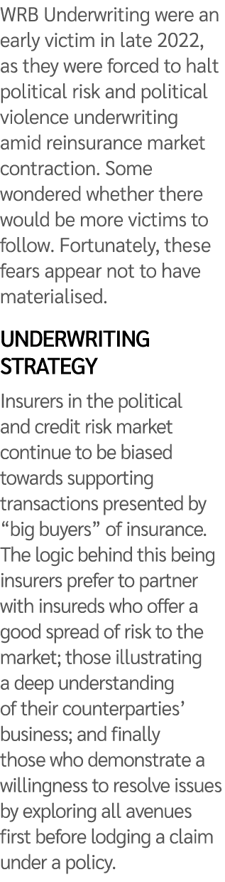 WRB Underwriting were an early victim in late 2022, as they were forced to halt political risk and political violence...